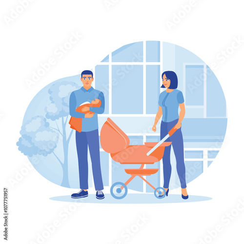 Happy family taking care of newborn baby. Paternal and maternal leave. Family lifestyle activity concept. Flat vector illustration.