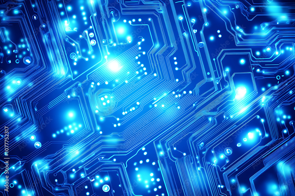 Close-up of a glowing neon circuit board pattern, showcasing intricate lines and electronic pathways in a vibrant blue hue Close-up of a glowing neon circuit board pattern, showcasing intricate lines and electronic pathways in a vibrant blue hue