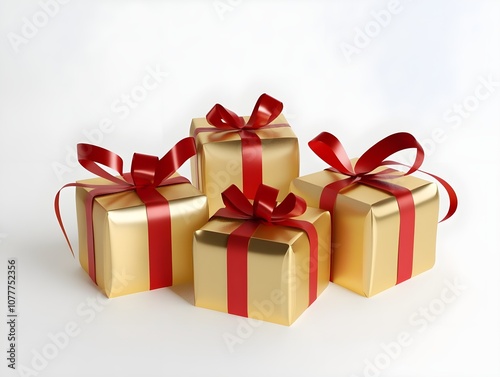 Golden Gifts and Gift Boxes with Red Ribbon Wrapping, Elegant Holiday or Celebration Presents with Festive Wrapping and Ribbon Accents