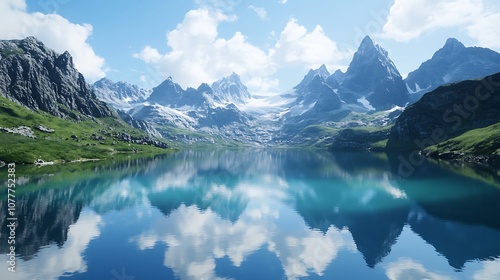 A serene mountain lake with snow-capped peaks reflected in the calm water under a blue sky with fluffy white clouds.