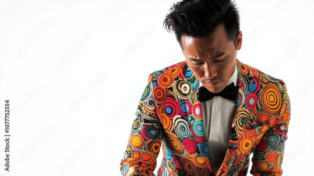 Asian man in an abstractpatterned suit, pointing at the camera, white background Asian man in an abstractpatterned suit, pointing at the camera, white background