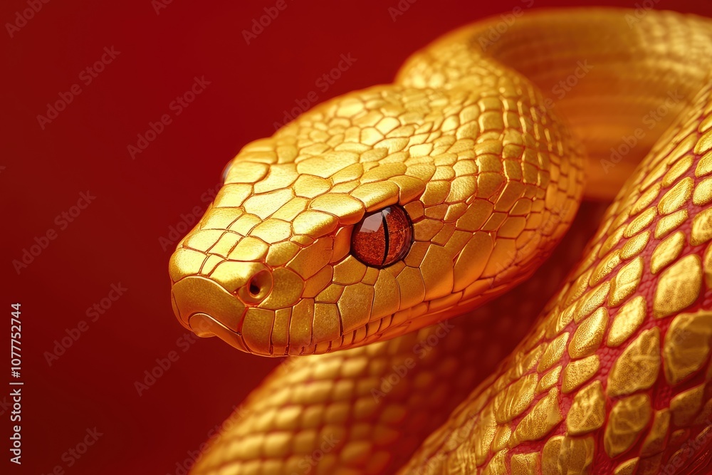 Fototapeta premium Close-up of a Golden Snake with Red Eyes on a Red Background