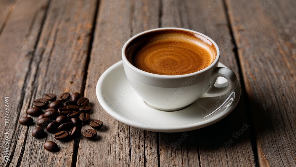 single white ceramic espresso cup and saucer placed on a rustic wooden table. The espresso cup is filled with a rich, dark brown coffee, topped with a light layer of crema single white ceramic espresso cup and saucer placed on a rustic wooden table. The espresso cup is filled with a rich, dark brown coffee, topped with a light layer of crema