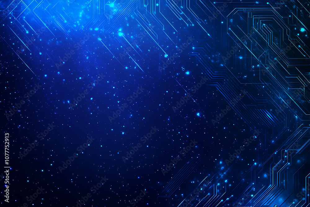 Close-up of a glowing neon circuit board pattern, showcasing intricate lines and electronic pathways in a vibrant blue hue Close-up of a glowing neon circuit board pattern, showcasing intricate lines and electronic pathways in a vibrant blue hue