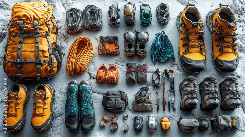 Fototapeta premium Climbing gear arranged for an outdoor adventure.