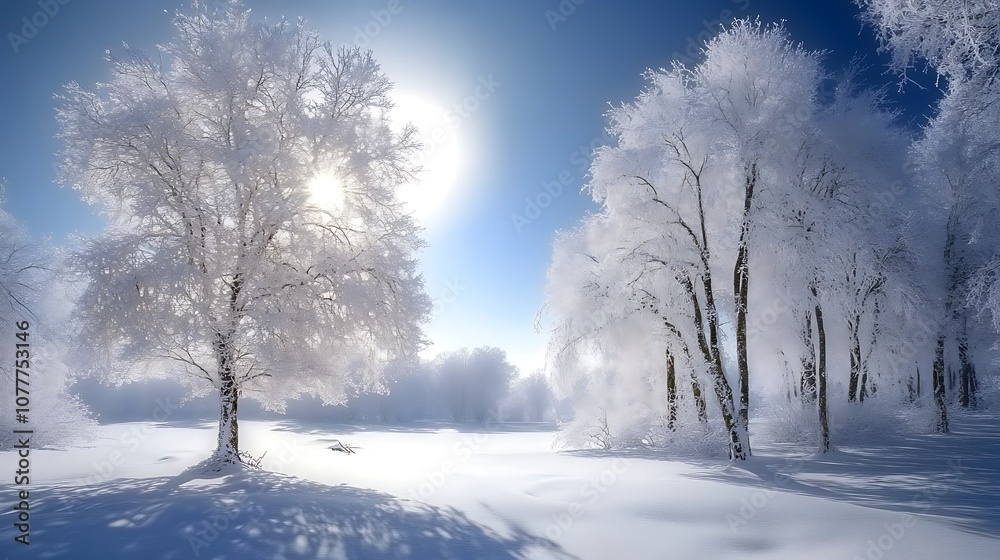 A snow-covered forest with tall trees and a bright blue sky. The sun shines through the branches, casting long shadows on the white snow. A snow-covered forest with tall trees and a bright blue sky. The sun shines through the branches, casting long shadows on the white snow.