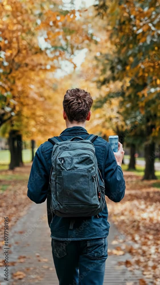 A man walks through a park in the fall, looking at his phone A man walks through a park in the fall, looking at his phone