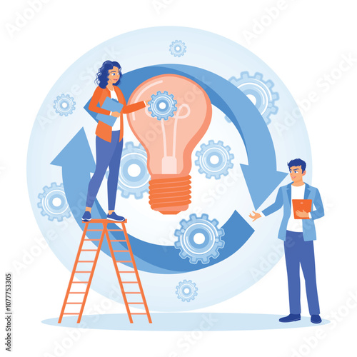 Businessmen and colleagues analyzing workflow. Develop ideas and evaluate work results. Project implementation concept. Flat vector illustration.