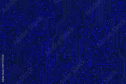 Close-up of a glowing neon circuit board pattern, showcasing intricate lines and electronic pathways in a vibrant blue hue 