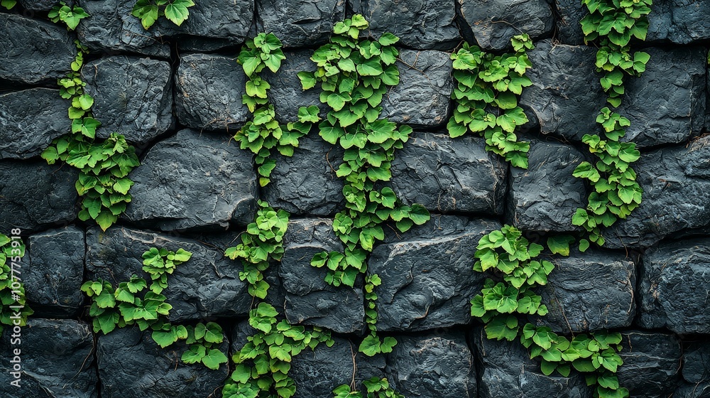 A textured stone wall adorned with vibrant green ivy leaves. A textured stone wall adorned with vibrant green ivy leaves.