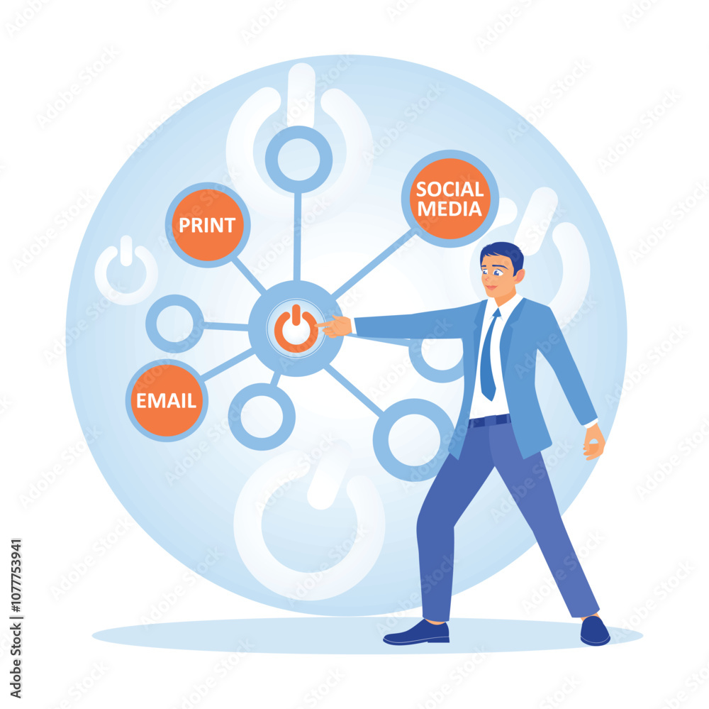 The businessman presses the marketing campaign launch button. Email, print, and social media. Launching Advertising Campaign concept. Flat vector illustration. The businessman presses the marketing campaign launch button. Email, print, and social media. Launching Advertising Campaign concept. Flat vector illustration.