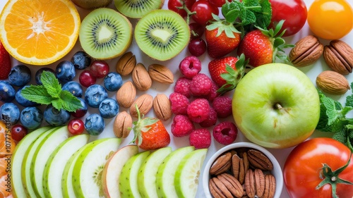 Mixed Fresh Fruits and Nuts on Divided Background for Nutrition Theme