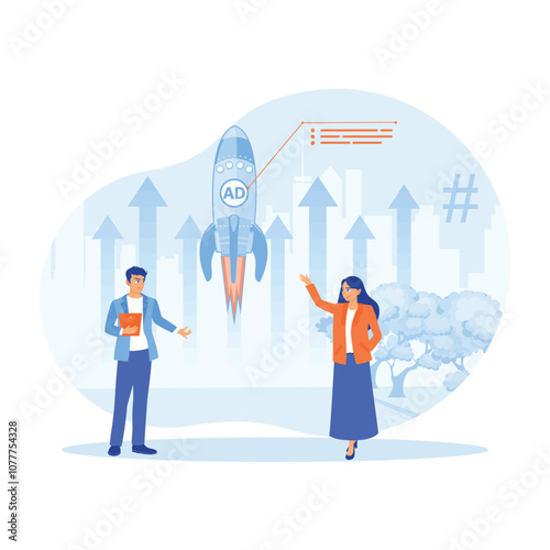 Businessmen and colleagues are starting a new business project. Improve marketing strategies. Launching Advertising Campaign concept. Flat vector illustration.