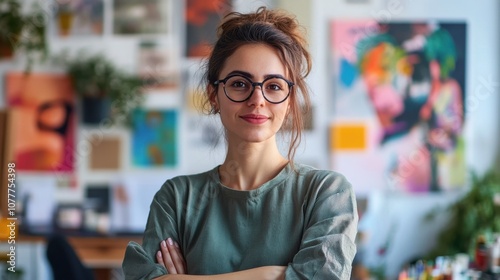 This portrait features a young European female graphic designer in a vibrant studio, showcasing her creativity and confidence in a bright, inspiring environment. photo