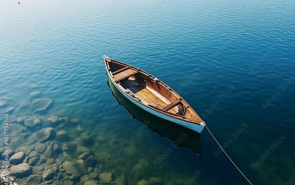 A serene boat floats on calm waters, surrounded by smooth stones beneath the surface. A serene boat floats on calm waters, surrounded by smooth stones beneath the surface.
