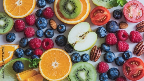 Fresh Fruits Neatly Arranged on White Surface for Colorful Display