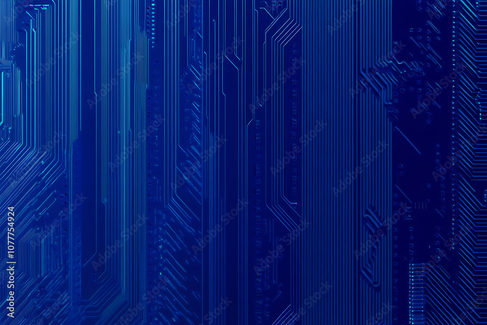Close-up of a glowing neon circuit board pattern, showcasing intricate lines and electronic pathways in a vibrant blue hue Close-up of a glowing neon circuit board pattern, showcasing intricate lines and electronic pathways in a vibrant blue hue