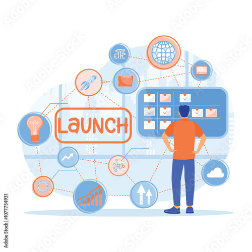 Businessman analyzes information data. Entrepreneur starting a new business. Time to launch concept. Flat vector illustration.