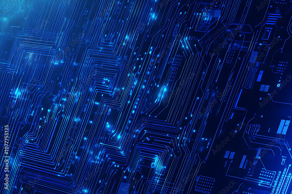 Close-up of a glowing neon circuit board pattern, showcasing intricate lines and electronic pathways in a vibrant blue hue
