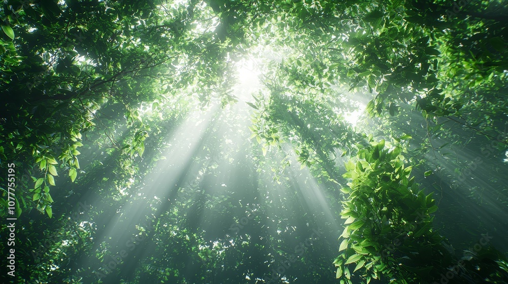 Fototapeta premium Sunlight penetrates the dense vegetation of the tropical rainforest canopy, creating a lush layer of green plants. Capturing the beauty and tranquility of nature in the pristine rainforest environment