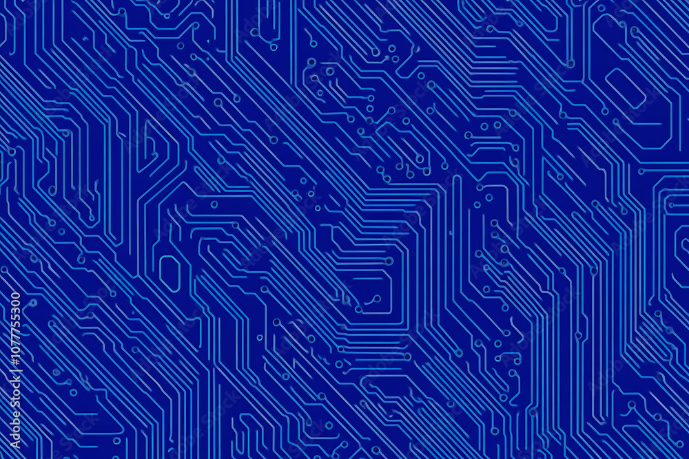 Close-up of a glowing neon circuit board pattern, showcasing intricate lines and electronic pathways in a vibrant blue hue