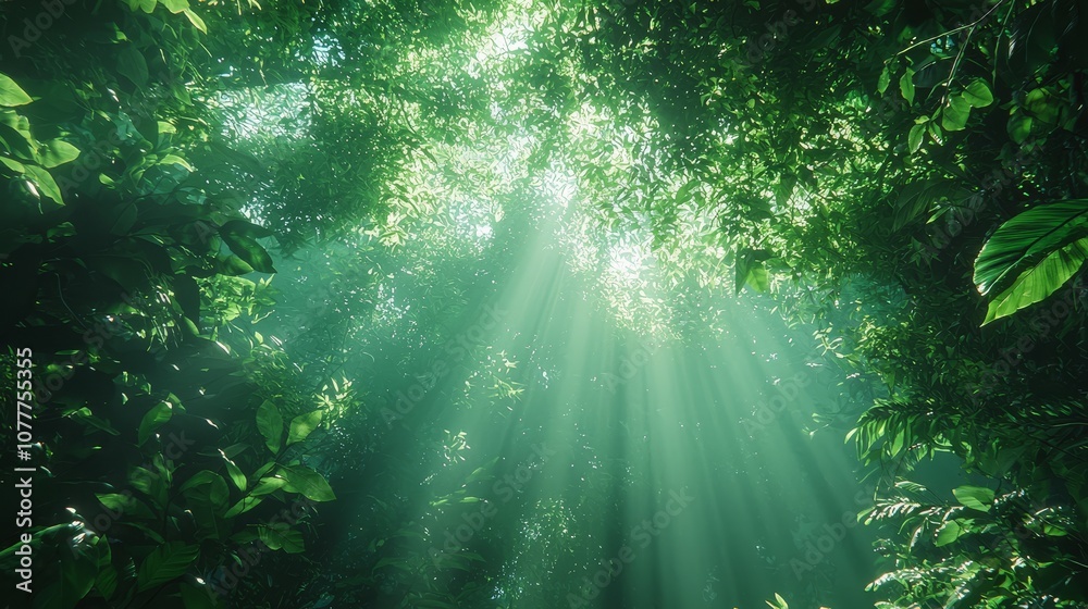 Obraz premium Sunlight penetrates the dense vegetation of the tropical rainforest canopy, creating a lush layer of green plants. Capturing the beauty and tranquility of nature in the pristine rainforest environment