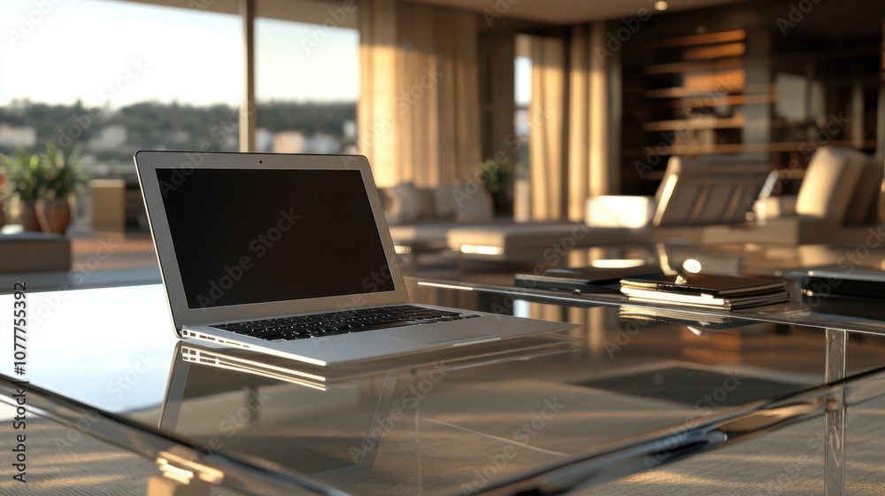 Minimalist Office Setup with Laptop on Table Minimalist Office Setup with Laptop on Table