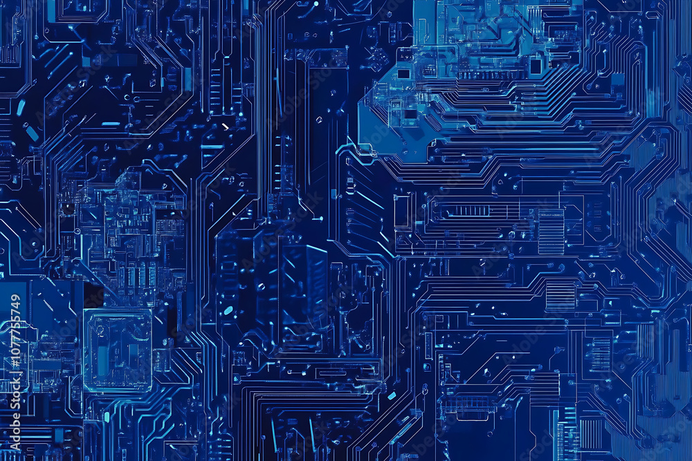 Close-up of a glowing neon circuit board pattern, showcasing intricate lines and electronic pathways in a vibrant blue hue Close-up of a glowing neon circuit board pattern, showcasing intricate lines and electronic pathways in a vibrant blue hue