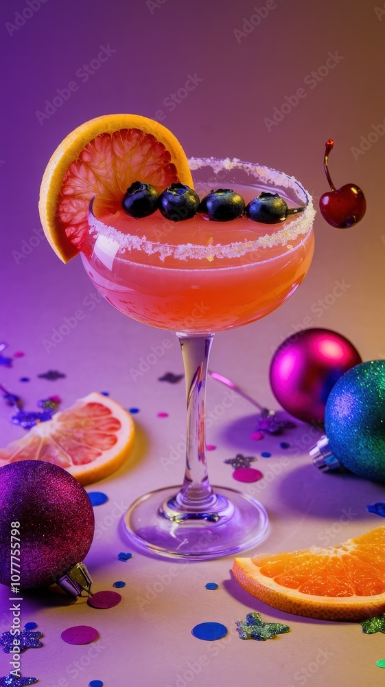 Pink Cocktail with Orange, Blueberries, and Party Decor on Colorful Table Pink Cocktail with Orange, Blueberries, and Party Decor on Colorful Table