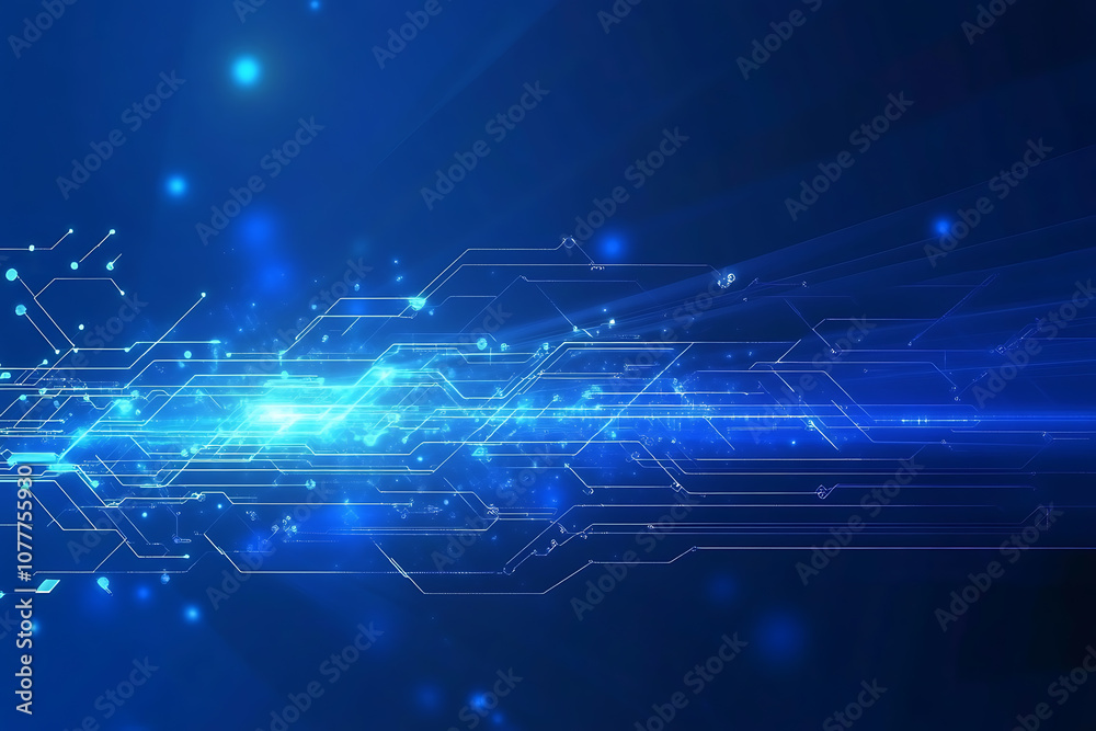 Close-up of a glowing neon circuit board pattern, showcasing intricate lines and electronic pathways in a vibrant blue hue Close-up of a glowing neon circuit board pattern, showcasing intricate lines and electronic pathways in a vibrant blue hue