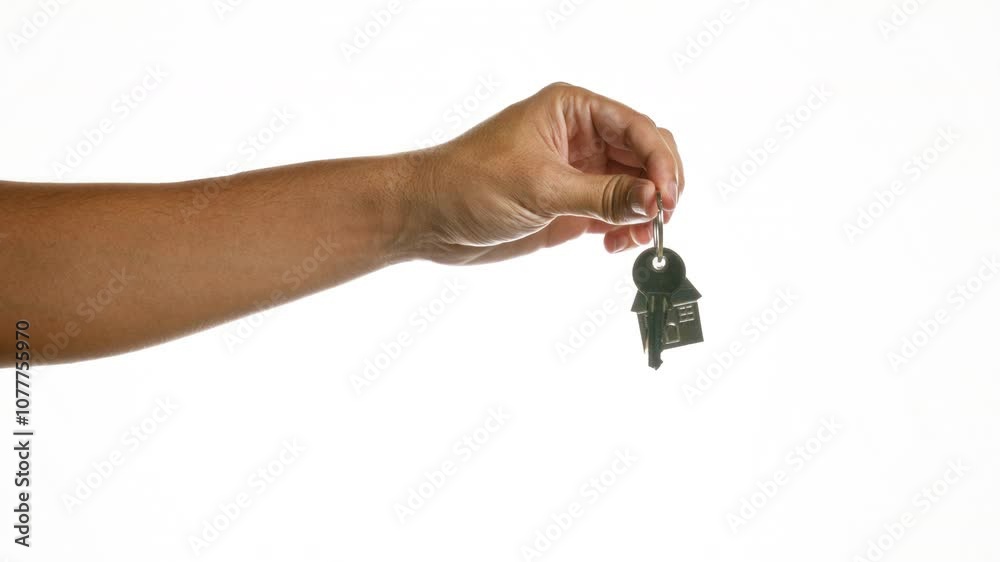 Hand holding new house key over isolated white background indicating real estate purchase or rental