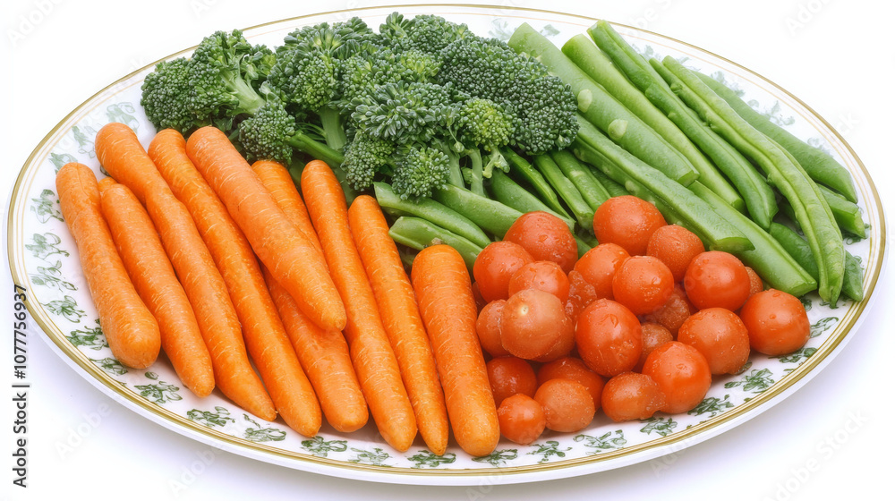 Fresh vegetables on decorative plate, including carrots, broccoli, green beans, and cherry tomatoes, create vibrant and healthy display