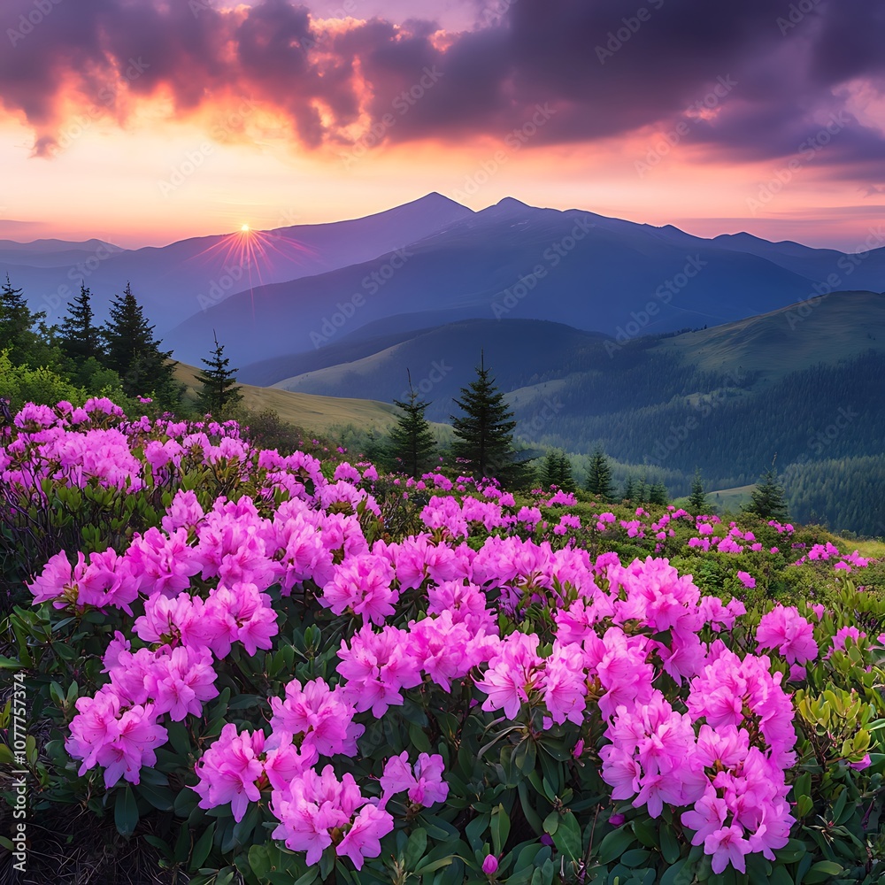 Fototapeta premium Pink rhododendron flowers in the Carpathian mountains
