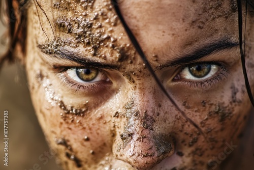 Close-up of determined female athlete with mud on face and intense expression photo