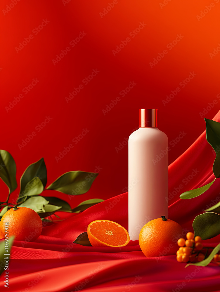 simple white shampoo bottle mock up surrounded by oranges and green leaves on vibrant red background, creating fresh and lively atmosphere simple white shampoo bottle mock up surrounded by oranges and green leaves on vibrant red background, creating fresh and lively atmosphere