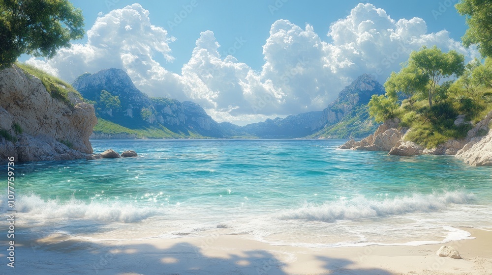 Naklejka premium Serene beach scene with mountains and clear blue water.