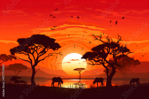 beautiful landscape of african sunset with silhouettes of giraffes and elephants. design for banner, poster, social media, web. generative ai