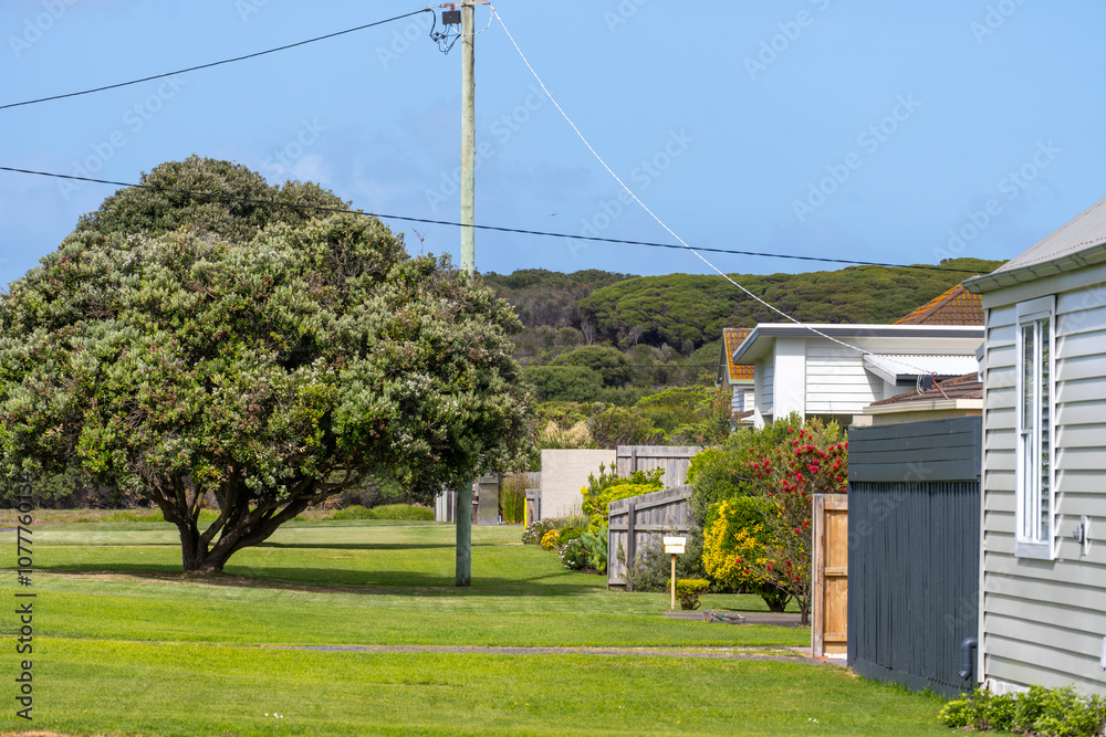 A typical Australian suburban street in Warrnambool, with a row of weatherboard houses, well-maintained and spacious public nature strip. Beautiful living environment in regional town in Australia. A typical Australian suburban street in Warrnambool, with a row of weatherboard houses, well-maintained and spacious public nature strip. Beautiful living environment in regional town in Australia.