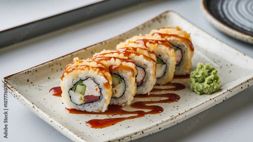 A serving of tempura sushi rolls with crispy coating, drizzled with soy sauce and garnished with wasabi, placed on a modern ceramic plate A serving of tempura sushi rolls with crispy coating, drizzled with soy sauce and garnished with wasabi, placed on a modern ceramic plate