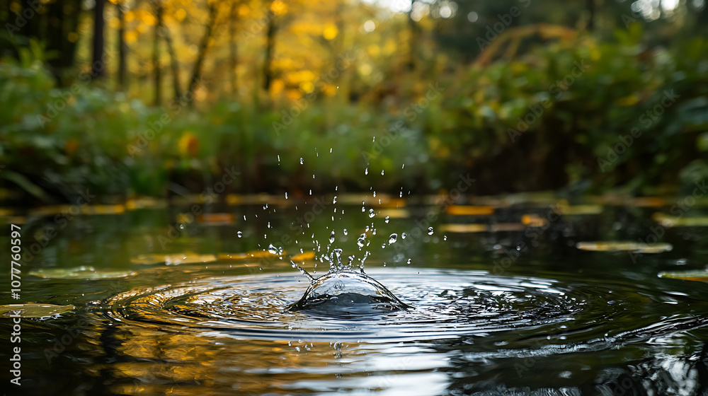 Fototapeta premium A high-speed photograph capturing a water droplet creating a splash in a calm pond with ripples extending outward 