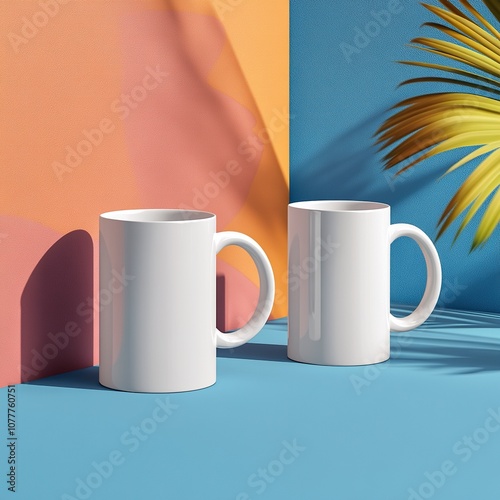 two 11onz white mug mockup with a cute realistic background, for a promotional campain .generative ai photo