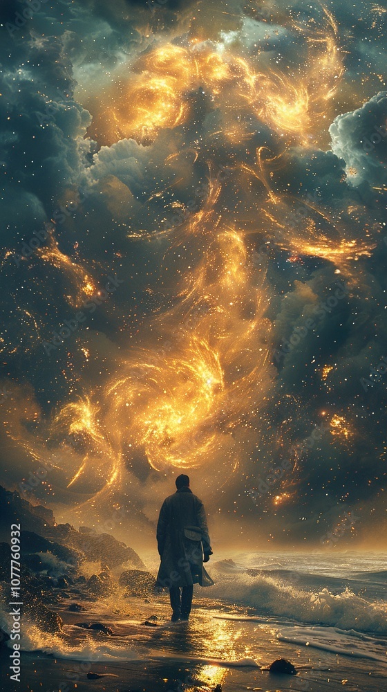 Obraz premium A Lonely Figure Walks Towards a Mystical Cosmic Landscape