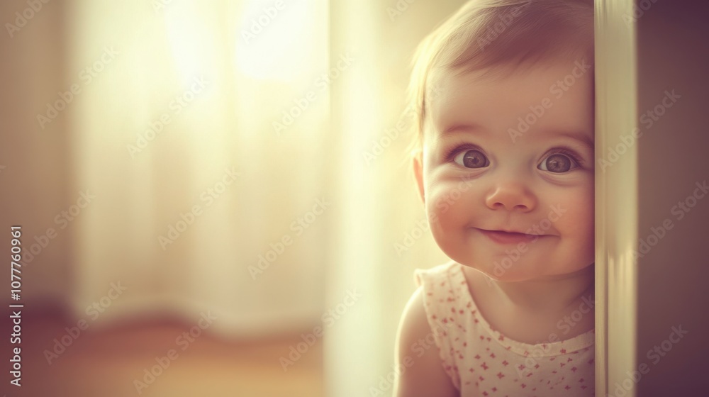 Baby Peering From Doorway in Cozy Bedroom with Natural Light Baby Peering From Doorway in Cozy Bedroom with Natural Light
