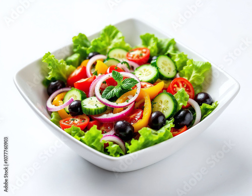 Mixed vegetables Salad in the white blow on the white background, fresh salad