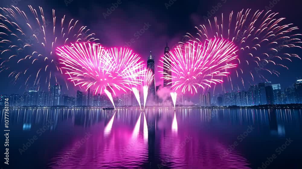 Magnificent pink and purple fireworks illuminate metropolitan skyline at twilight. City buildings silhouetted against vibrant pyrotechnic display, perfectly mirrored in calm waterfront. 