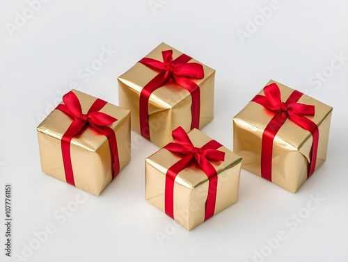 Golden Gifts and Gift Boxes with Red Ribbon Wrapping, Elegant Holiday or Celebration Presents with Festive Wrapping and Ribbon Accents