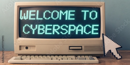 OldSchool Monitor An image of a classic CRT monitor displaying a Welcome to Cyberspace greeting in flickering text while a pixelated cursor blinks impatiently next to it. photo