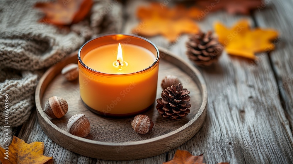 Warm Autumn Candle Display on Rustic Table with Pinecones, Acorns, and Fall Leaves in Cozy Candlelight, Creating a Peaceful and Serene Atmosphere for Seasonal Decoration with Ample Copy Space Warm Autumn Candle Display on Rustic Table with Pinecones, Acorns, and Fall Leaves in Cozy Candlelight, Creating a Peaceful and Serene Atmosphere for Seasonal Decoration with Ample Copy Space