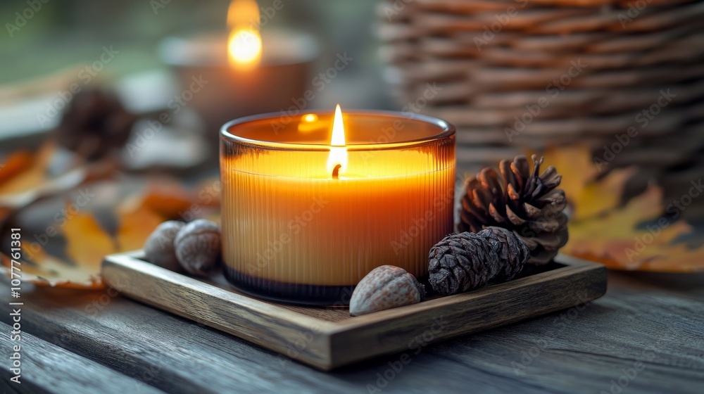 Warm Autumn Candle Display on Rustic Table with Pinecones, Acorns, and Fall Leaves in Cozy Candlelight, Creating a Peaceful and Serene Atmosphere for Seasonal Decoration with Ample Copy Space Warm Autumn Candle Display on Rustic Table with Pinecones, Acorns, and Fall Leaves in Cozy Candlelight, Creating a Peaceful and Serene Atmosphere for Seasonal Decoration with Ample Copy Space