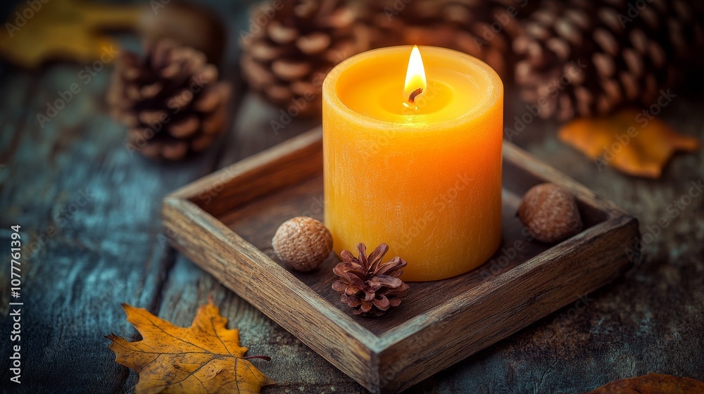 Warm Autumn Candle Display on Rustic Table with Pinecones, Acorns, and Fall Leaves in Cozy Candlelight, Creating a Peaceful and Serene Atmosphere for Seasonal Decoration with Ample Copy Space Warm Autumn Candle Display on Rustic Table with Pinecones, Acorns, and Fall Leaves in Cozy Candlelight, Creating a Peaceful and Serene Atmosphere for Seasonal Decoration with Ample Copy Space